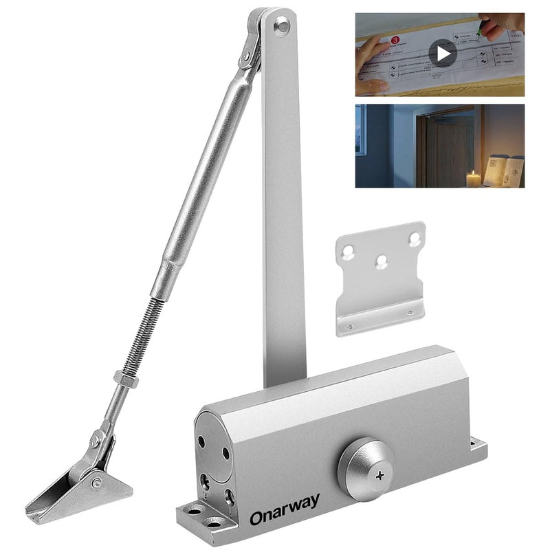 Onarway Automatic Door Closer Size-3: Hydraulic Slam-Free Soft Close, Adjustable Closing Speed, Quiet & Safe for Residential Home, Light Commercial & Office (95â€“128 lbs), Silver, Easy Install - Image 1